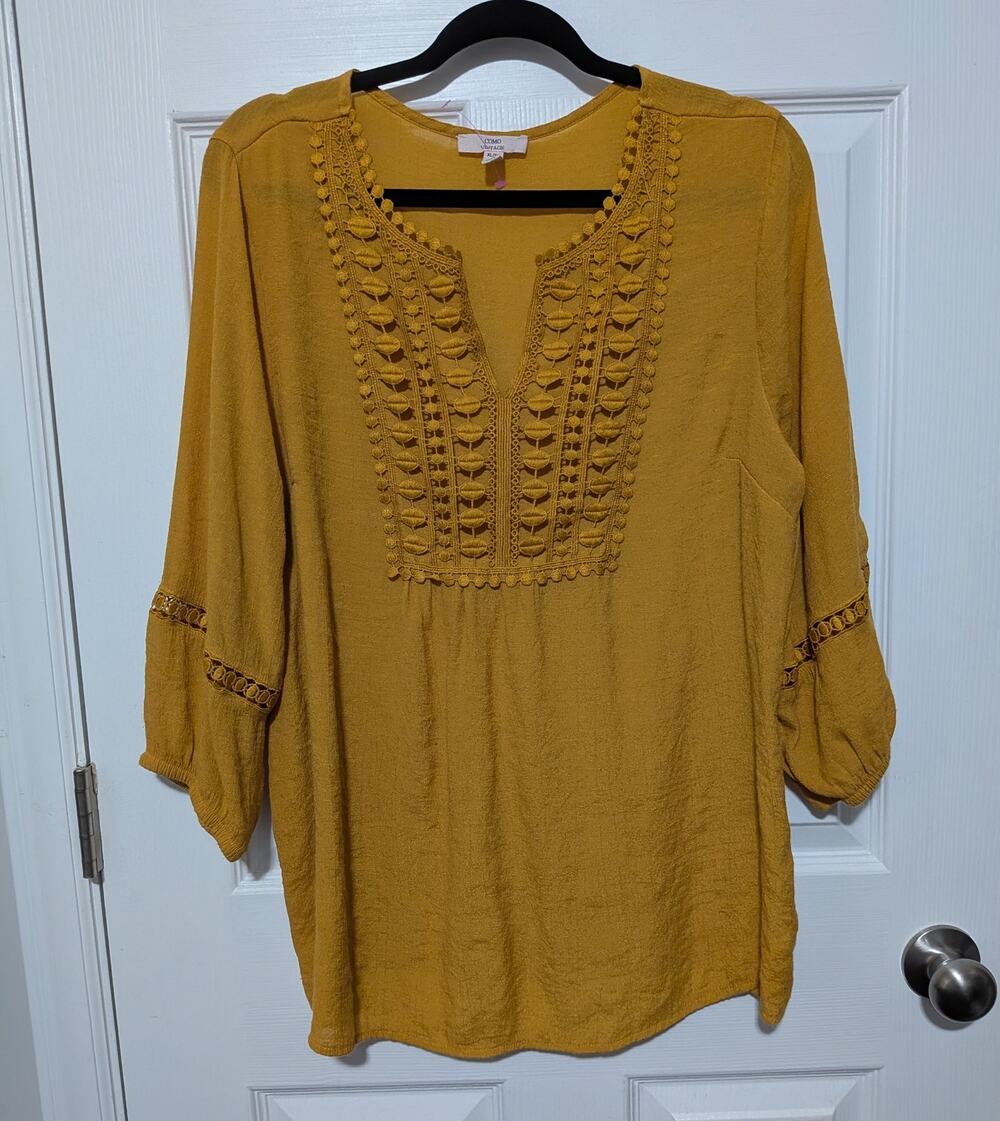 Como Vintage Boho Embroidered Blouse XL Mustard Yellow Pom Pom Trim Split Neck